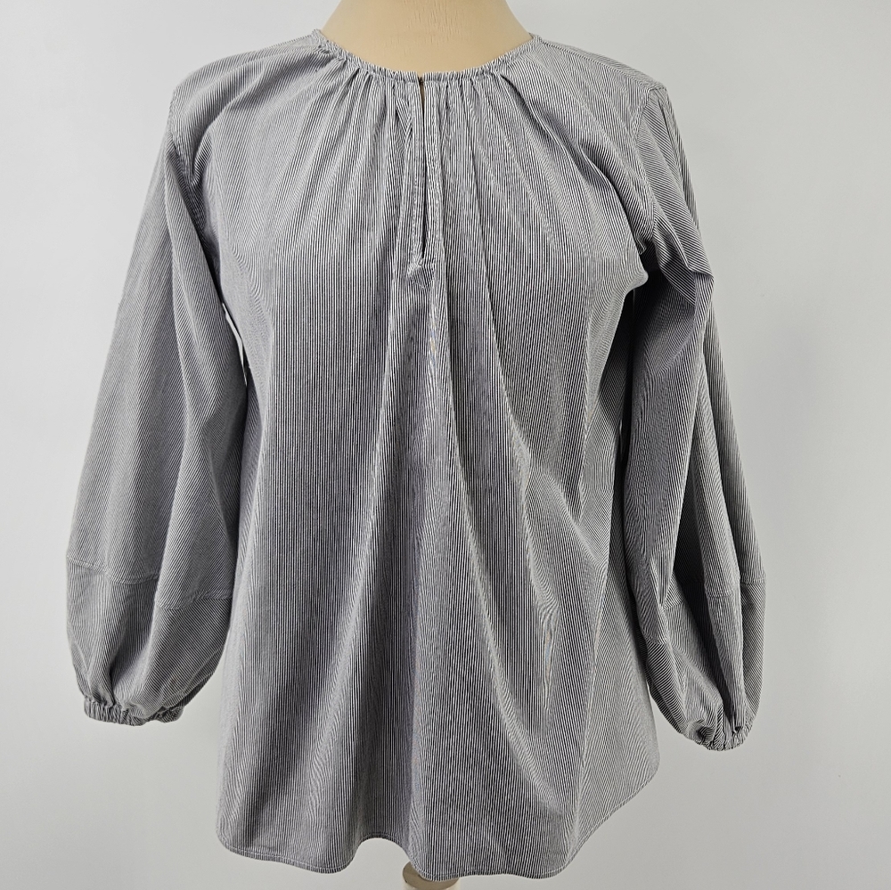 Ann Mashburn Long Sleeve Striped Peasant Top in Gray and White Size Small